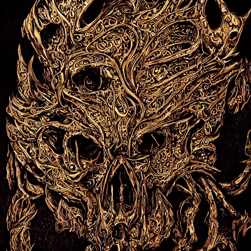 Image similar to photo portrait portrait of skull of wolf, lying on bones, dramatic lighting, golden ornaments, symmetric, intricate skeletal decorations, symmetry, highly detailed, concept art, black, red, white, gold layers, super moon, style of nekroxiii, hyperrealistic, dark background, smoke