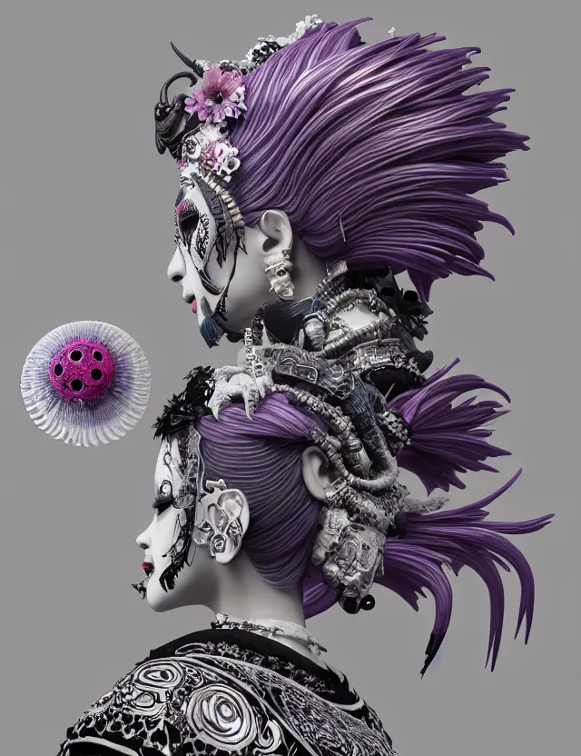 Image similar to 3 d goddess close - up profile portrait punk with mohawk in victorian style with ram skull. beautiful intricately detailed japanese crow kitsune mask and clasical japanese kimono. betta fish, jellyfish phoenix, bio luminescent, plasma, ice, water, wind, creature, artwork by tooth wu and wlop and beeple and greg rutkowski