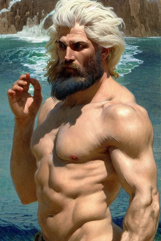 Image similar to painted portrait of rugged zeus in the ocean, god of thunder, greek god, white hair, masculine, powerful, handsome, upper body, white robe, muscular, hairy torso, fantasy, intricate, elegant, highly detailed, digital painting, artstation, concept art, smooth, sharp focus, illustration, art by gaston bussiere and alphonse mucha