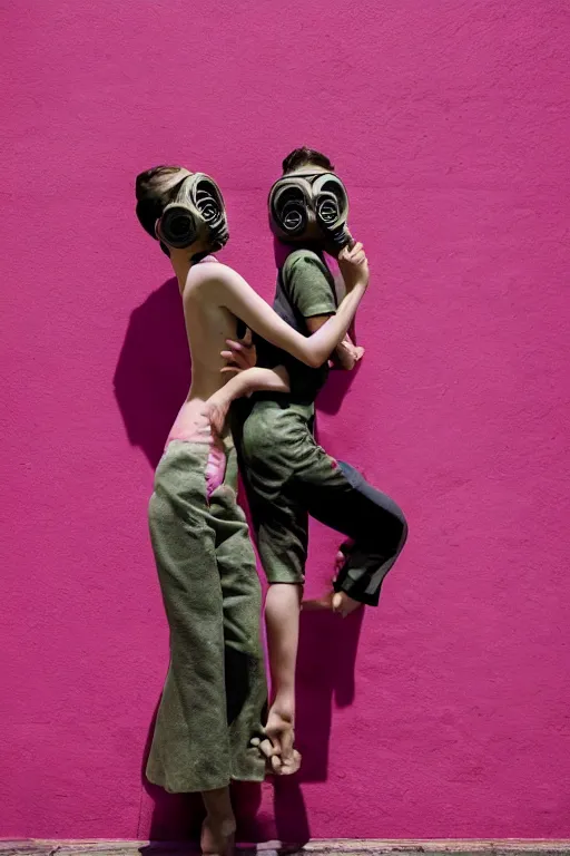 Image similar to a surreal portrait of intertwined and contorted figures wearing gas mask next to a pink wall in the style of brooke didonato, editorial fashion photography from vogue magazine, full shot, nikon d 8 1 0, ƒ / 2. 5, focal length : 8 5. 0 mm, exposure time : 1 / 8 0 0, iso : 2 0 0