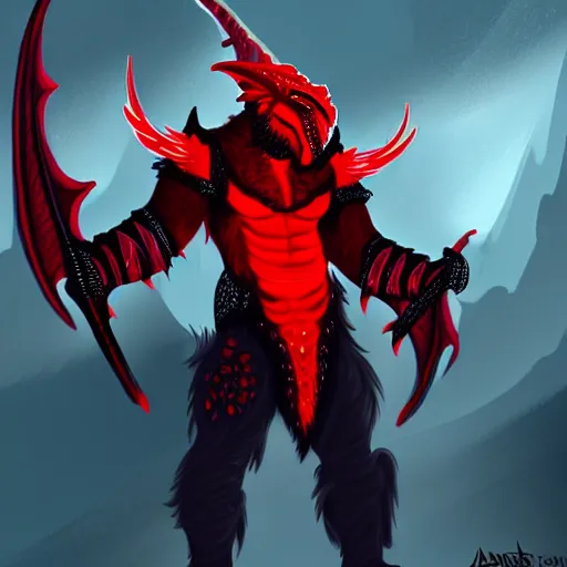 Image similar to a dragonborn with red scales, large red wings on his back, and a red tail with futuristic clothes, trending on art station