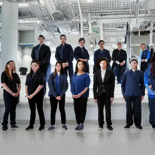 Prompt: a team of futuristic scientists standing for a group photo