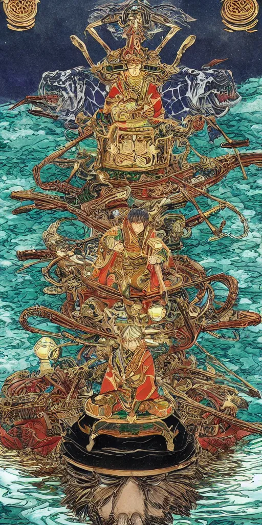 Image similar to a lone emperor sitting on a emerald throne floating on water in the middle of a lake drawn by Makoto Yukimura in the style of Vinland saga anime, full color, detailed, psychedelic, Authority, structure, a father figure, tarot card, The emperor tarot card