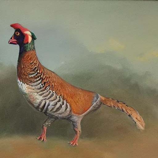 Image similar to A painting of a pheasant eating a fox