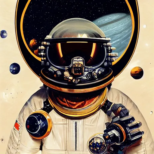 Prompt: detailed rococo painting of a black astronaut spacewalking, planets behind, nebulas, dynamic lighting, 8 k, star wars, art by greg rutkowski, kehinde wiley