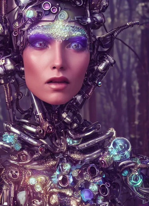 Image similar to beautiful female robot covered by plants and crystals in the mystical forest, beautiful symmetrical face, chrome parts, opal crystals, renaissance style, cyber punk, sci - fi, filigree jewellery, baroque, cinematic light, mystical shadows, 8 k, octane render