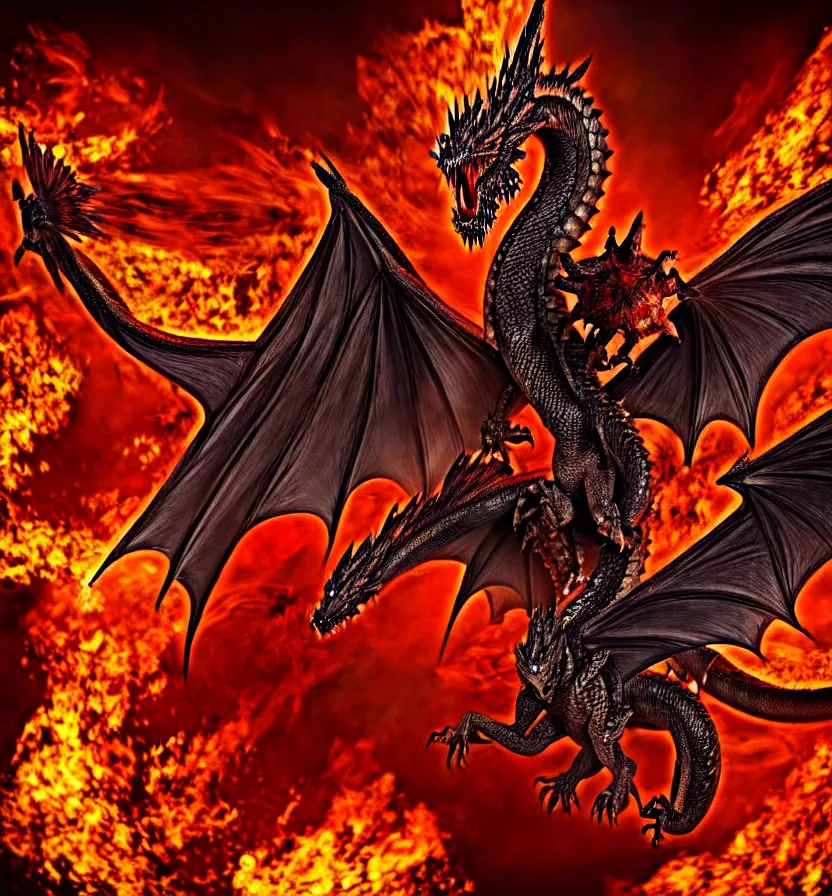 Prompt: a flying dragon with huge wings, scales, smoke, flames by monster hunter rise 8 k 3 d photoreal rich detail photography