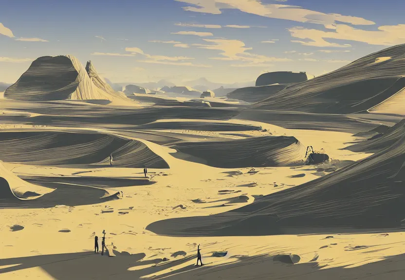 Image similar to a futuristic desert, illustration in the style of Syd Mead