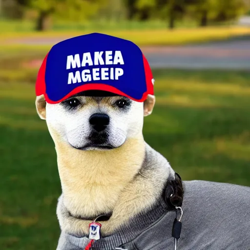 Image similar to doge wearing a make america great again cap, realistic, 8 k,