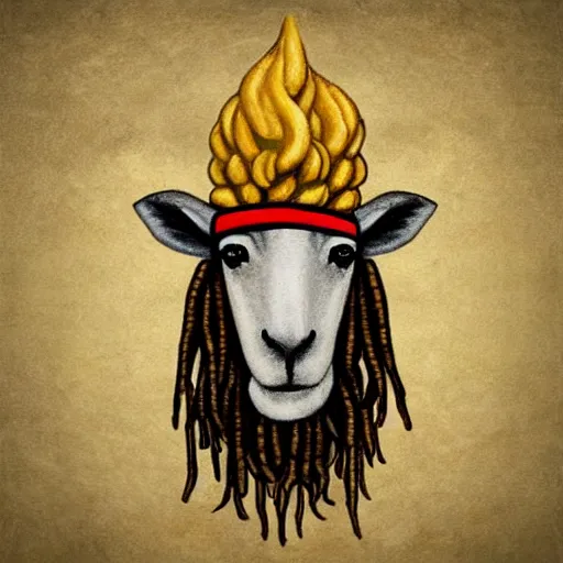 Image similar to a medieval wall painting of a Rastafarian sheep with dreadlocks, trending on artstation