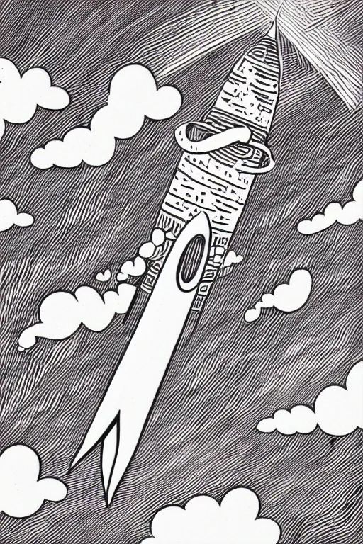 Image similar to mcbess illustration of a rocket ship with rainbow color exhaust fumes
