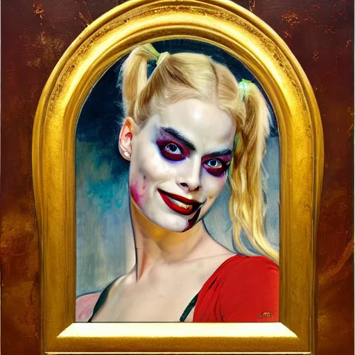 Prompt: A portrait of Margot Robbie, Harley Quinn, The Suicide Squad, oil painting in a renaissance style, very detailed, gold background, painted by Alphonse Mucha