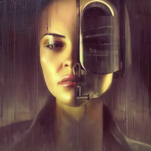 Image similar to detailed face of a woman, clockwork, moment, tectonic sky, skydome, bullet train, turbines, utopian, tech noir, wet reflections, prism, atmospheric, ambient, nick alm, casey baugh, pj crook, syd mead, livia prima, edward hopper