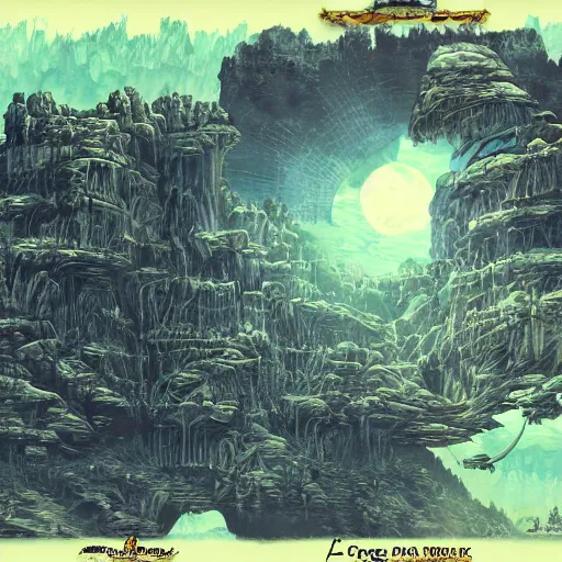 Image similar to epic landscape of planet cocytus from the game the dig, lucasarts, twilight, alien planet, bill tiller style, detailed