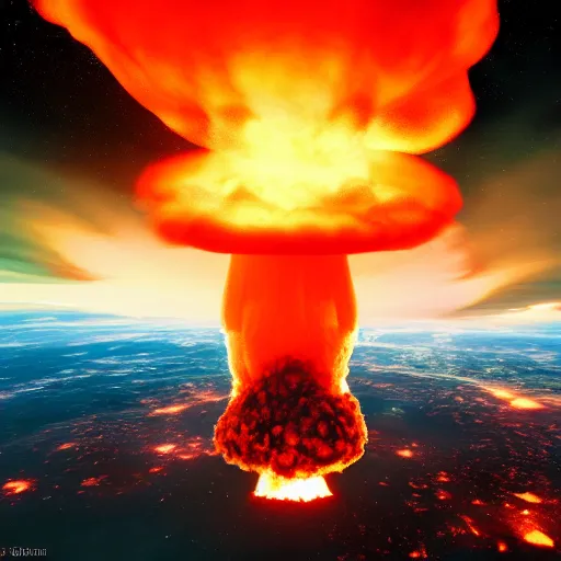 Image similar to nuclear explosion + burning mushroom cloud + hyper real + unreal engine 5 + view from space + beautiful lighting + post processing + 4k