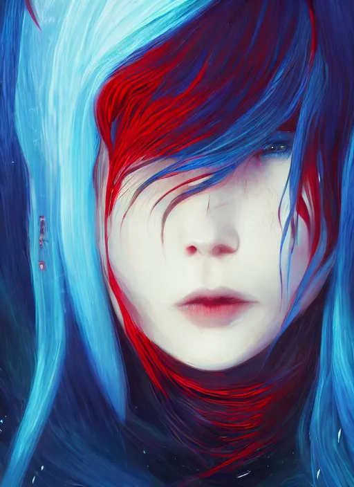 Image similar to red water swirling around rimuru tempest crying, enveloped in ghosts, sky blue straight hair, bangs, with amber eyes, black jacket, high collar, ultra fine detaile, dark theme, digital painting, psychedelic, cinematic, wlop, pixiv, ilya kuvshinov, ross tran