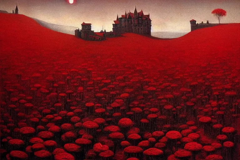 Prompt: only with red, red flowers, a crimson tiger, a castle in the background, medieval demons speak with people, an ancient path, in the style of beksinski, part by hopper, part by rodcenko, part by hofbauer, intricate composition, red by caravaggio, insanely quality, highly detailed, masterpiece, red light, artstation