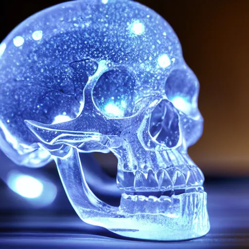 Prompt: high quality photo of crystal alien skull, photography 4k, f1.8 anamorphic, bokeh, 4k, Canon, Nikon