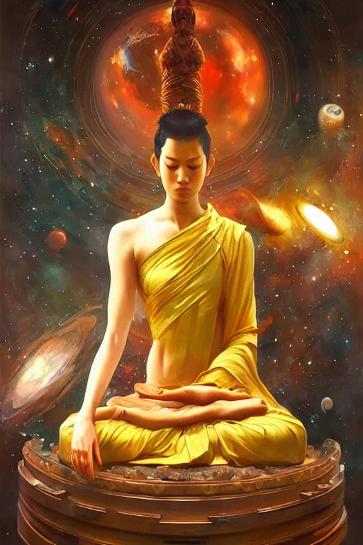 Image similar to space, buddhism, taoism, painting by greg rutkowski, j. c. leyendecker, artgerm