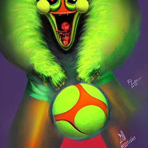 Image similar to a tennis ball monster ,tennis ball, dark, chalky, digital art, fantasy, magic, trending on artstation, ultra detailed, professional illustration by Basil Gogos