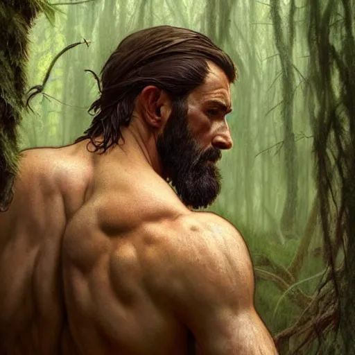 Image similar to back portrait of a rugged ranger in the forest, full body, muscular, hairy, forest, D&D, fantasy, intricate, elegant, highly detailed, digital painting, artstation, concept art, matte, sharp focus, illustration, art by Artgerm and Greg Rutkowski and Alphonse Mucha