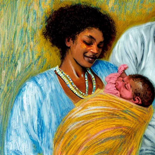 Prompt: a pregnant east african woman with an egyptian man with curly hair in a delivery room, holding newborn baby, very happy, warm colors, vintage, impressionist painting, fine art, oil painting, dreamy, pastel, intricate details, sharp, peaceful, serene