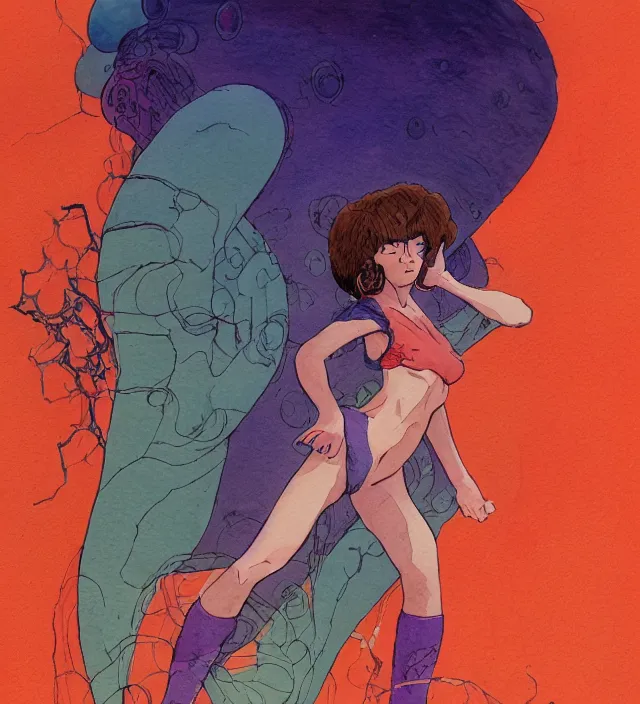 Image similar to a 3 / 4 view watercolor ink painting of velma as a god of destruction in the style of jean giraud in the style of moebius trending on artstation deviantart pinterest detailed realistic hd 8 k high resolution