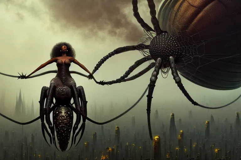 Prompt: realistic detailed photorealistic closeup portrait movie shot of a beautiful black woman riding a giant spider, dystopian city landscape background by denis villeneuve, amano, yves tanguy, alphonse mucha, ernst haeckel, edward robert hughes, roger dean, cyber necklace, rich moody colours, sci fi patterns, wide angle