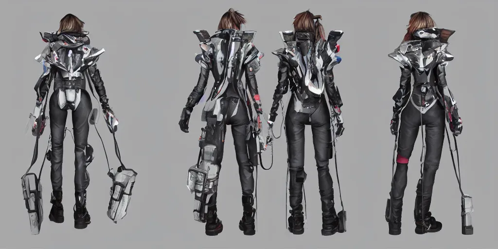 Image similar to a woman in scientist's jacket with a system of straps and pouches for collecting material by Tetsuya Nomura with Ralph Horsley and Mario Testino, trending on artstation and pixiv clean sci-fi concept art and sheet that using unreal engine 5 render and hyper detailed 3D texture with cinematic software light