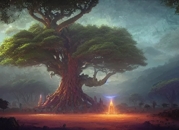 Image similar to The sacred Mana Tree, a fantasy digital painting by Greg Rutkowski and James Gurney, trending on Artstation, highly detailed