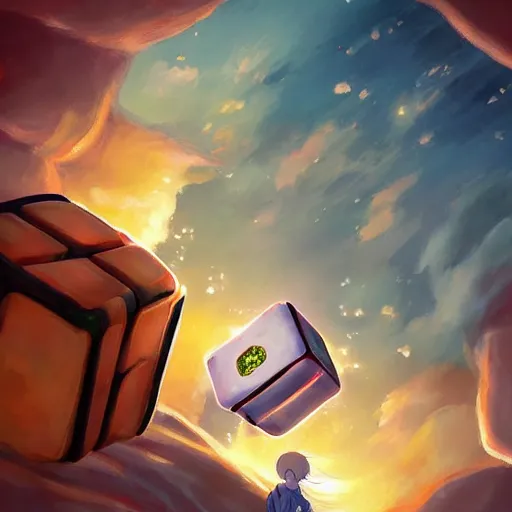 Image similar to beautiful detailed painting of companion - cube!!!!!!!!, anime, studio ghibli, makoto shinkai, rhads, radiant light, 4 k