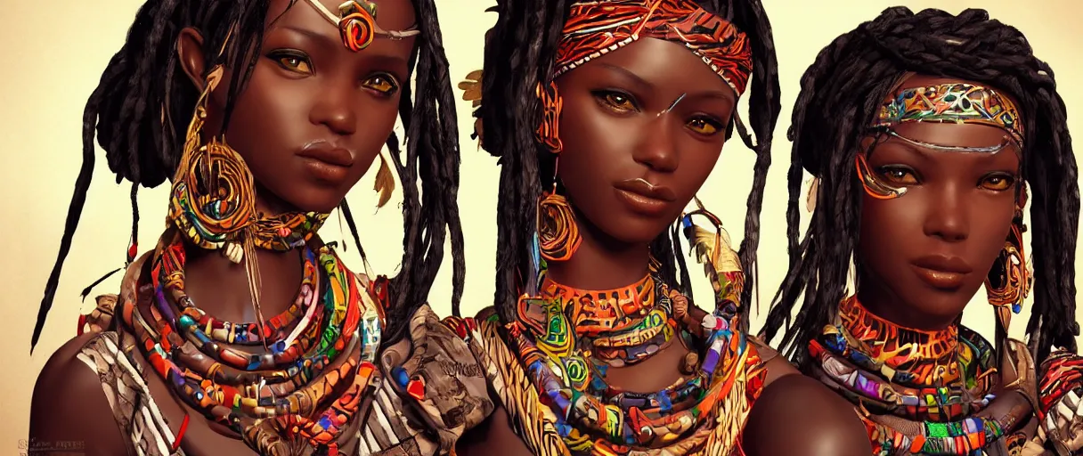 Prompt: very beautiful tribal women africa, frivolous appearance, ioyful vibe and lighting, cgsociety, artstation, in the style of artgerm