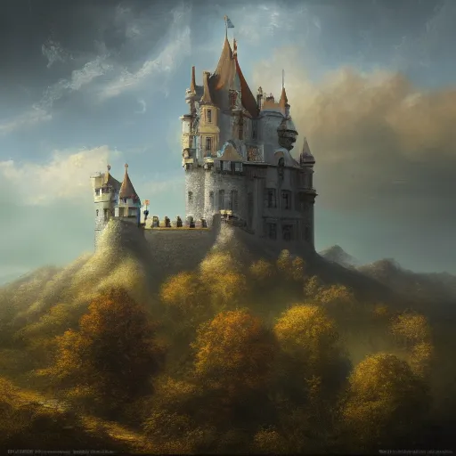 Image similar to a beautiful painting of a castle by Michal Karcz, featured on artstation, breathtaking clouds