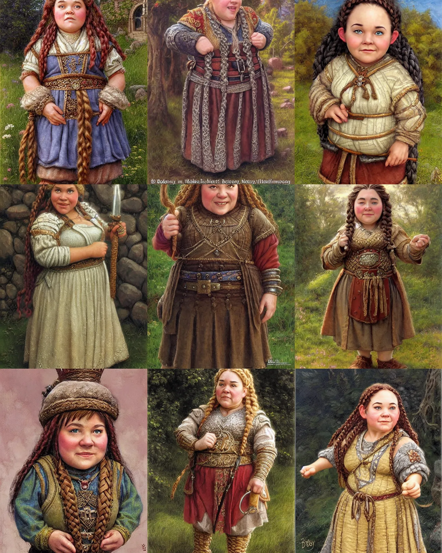 Prompt: female dwarven noblewoman, chubby short stature, braided intricate hair, by bob byerley