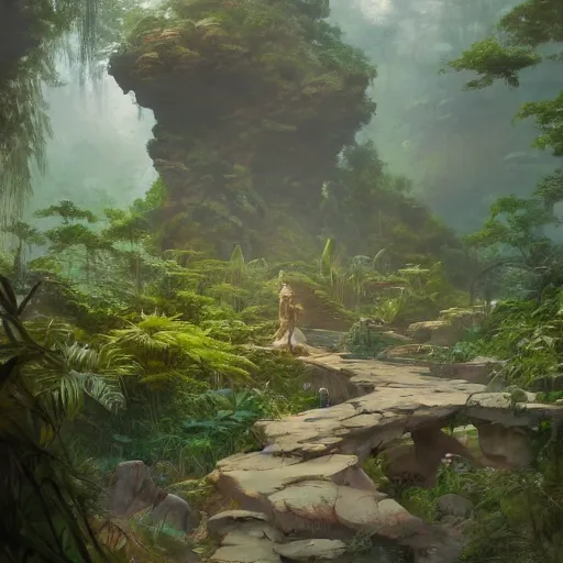 Image similar to concept art of a jungle path with a huge overgrown stone statues, religious, in the style of fenghua zhong and ruan jia and jeremy lipking and peter mohrbacher, mystical colors, rim light, beautiful lighting, 8 k, stunning scene, raytracing, octane, trending on artstation