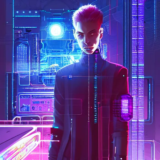 Image similar to a cyberpunk netrunner surrounded by a glowing computer interface, centered in the frame, cyberpunk concept art by Jean Giraud and josan gonzales, digital art, highly detailed, intricate, sci-fi, sharp focus, Trending on Artstation HQ, deviantart, 4K UHD image