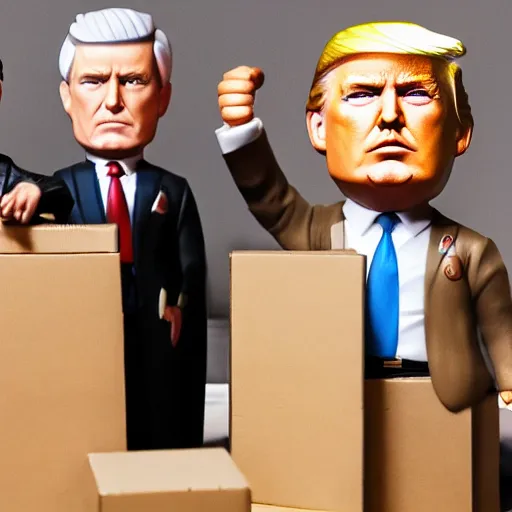 Prompt: fbi agents opening boxes of donald trump bobble heads