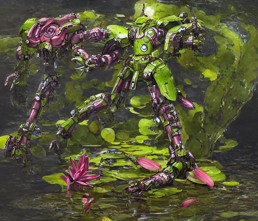 Image similar to amphibious waterlily mobile suit whose top half is a nymphaea flower with petals being robotic limbs stepping out of a pond holding a sci - fi weapon, waterlily pads, biomechanical, hyperdetailed, sci - fi backgrounds, bandai box art, behance hd artstation. # power armor # pistia # waterlily # nymphaea