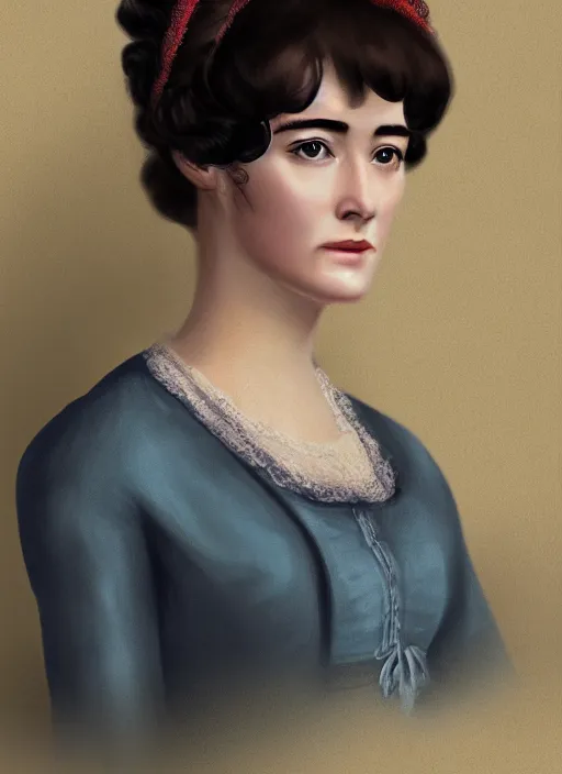 Prompt: a photograpic portrait of elizabeth bennet, pride and prejudice, with kind face, dark hair, georgian dress, intricate, elegant, highly detailed, digital painting, concept art, smooth, sharp focus, illustration,