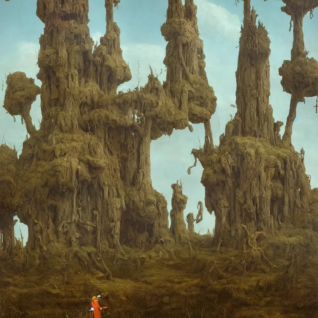 Image similar to a single colorful! simple! fungus tower clear empty sky, a high contrast!! ultradetailed photorealistic painting by franz sedlacek, jan van eyck, simon stalenhag, hard lighting, masterpiece