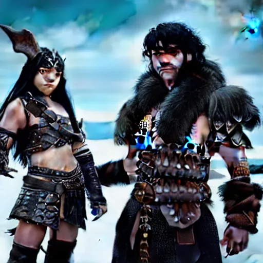 Image similar to a male DND barbarian wearing leather armor and fur holding a small blue-skinned Triton girl with black hair, high resolution film still, 4k, HDR colors, a dnd Triton girl with blue skin and messy black hair