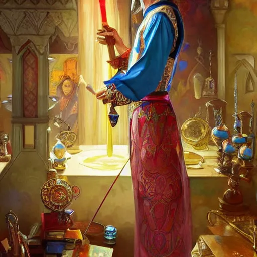 Image similar to charming tailor of middle - eastern descent, dressed in fine colorful robes and jewelry over fantasy armor, goatee, smirking, holding a magic needle, fantasy art by barret frymire by artem priakhin, art by artgerm and greg rutkowski and alphonse mucha, artstation, matte, illustration, intricate, highly - detailed high resolution