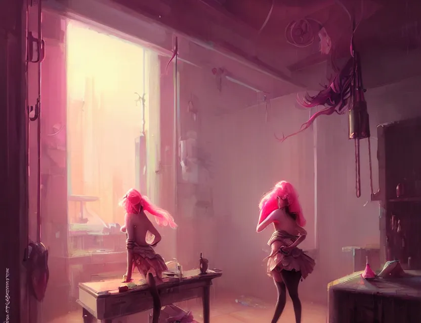 Prompt: photo a man in a short pink skirt, in jail, dirty room, lattice in the foreground by peter mohrbacher