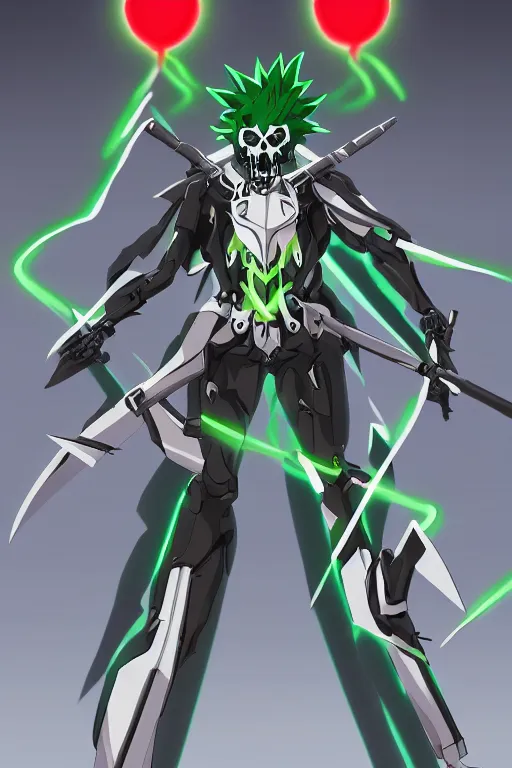 Prompt: a full body shot of Grim Reaper by Studio Trigger, skeleton face, eyes red and glowing, green mohawk haircut , sport pants, highly detailed, artstation,manga,style of SSSS.Gridman (2018),style of Gurren Lagann (2007)