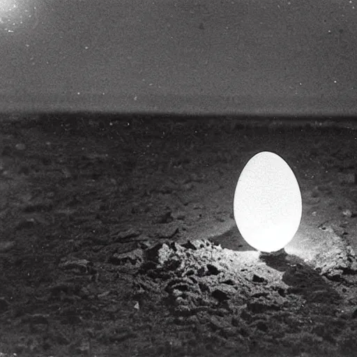 Prompt: an early 1 9 0 0 s photograph of a cracked luminescent alien egg on the beach, moonlight, at nighttime,