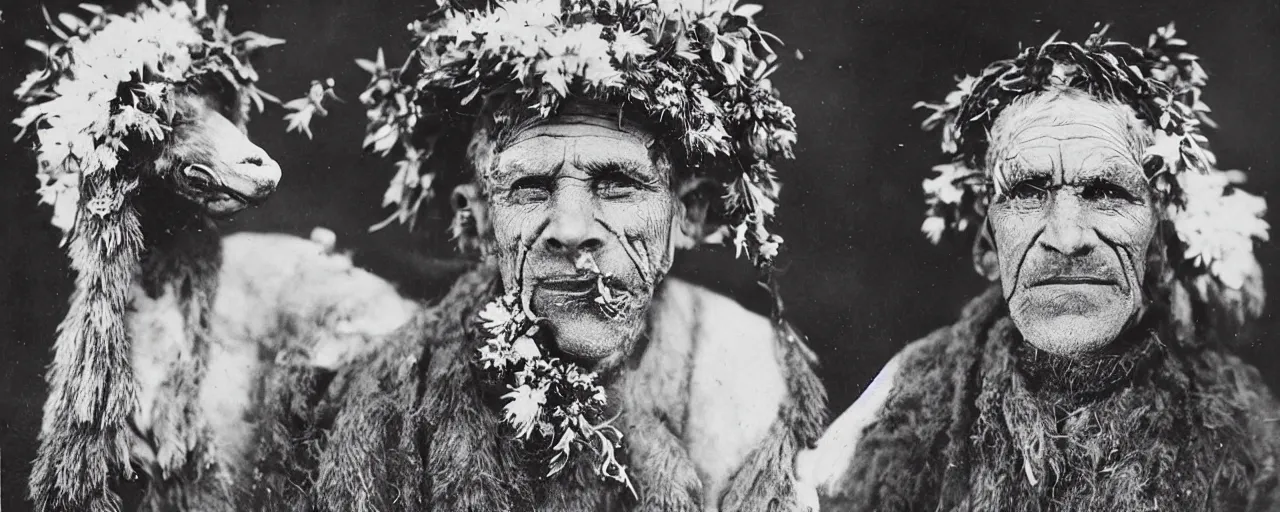 Prompt: 1920s portrait photography of an alpine old farmer transforming into a monster, edelweiss growing out of his face, goat horns on his head