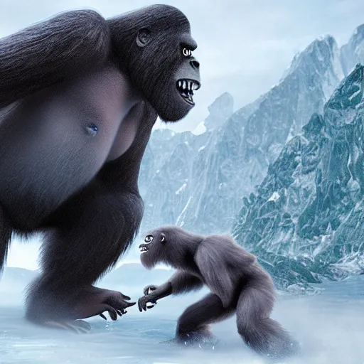 Prompt: a high detailed realistic photo of a yeti and sasquatch battling king kong