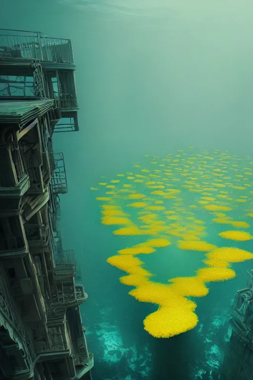 Image similar to hyperrealistic precisionist cinematic half underwater neo - dystopian city ruins with giant floating yellow algae, digital art masterpiece, aykut aydogdu eric zener, dramatic volumetric light, long shot, low angle uhd 8 k, sharp focus