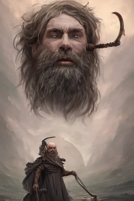 Image similar to profile view, a necromancer with a staff casts a spell that reveals the secret of life the universe and everything, dirty linen robes, staff of bones, grizzled bearded withered man by jessica rossier and hr giger