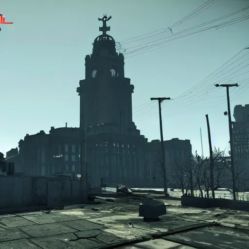 Prompt: royal liver building, liverpool in ruins post - nuclear war in fallout 4, in game screenshot